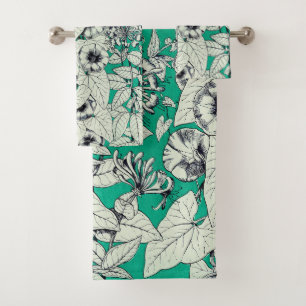 Green Teal White Graphic Flowers Pattern Bath Towel Set