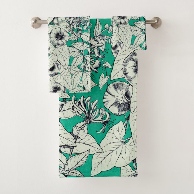 Green Teal White Graphic Flowers Pattern Bath Towel Set (Insitu)