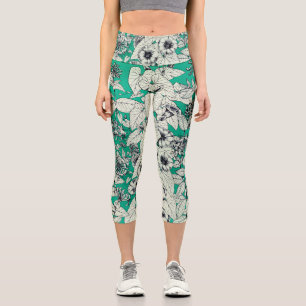 Green Teal White Graphic Flowers Pattern Capri Leggings