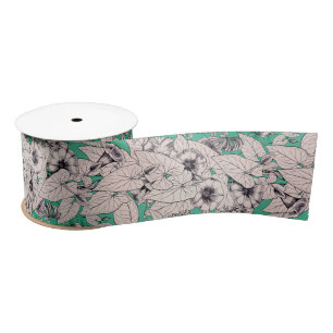 Green Teal White Graphic Flowers Pattern Satin Ribbon