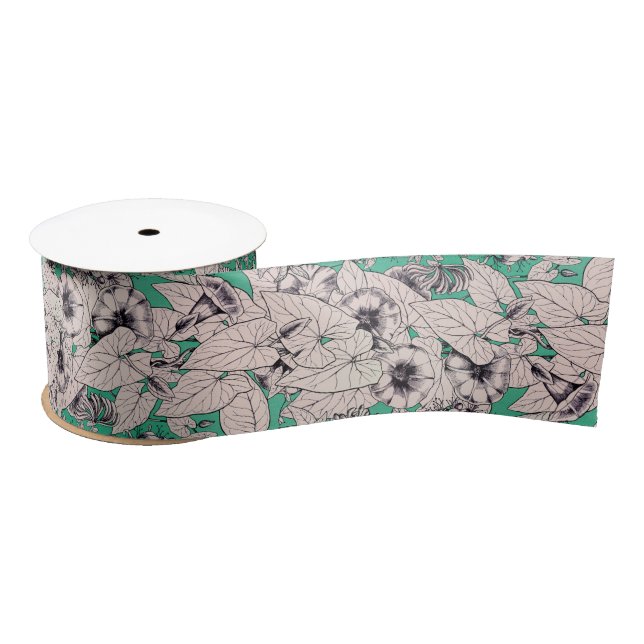 Green Teal White Graphic Flowers Pattern Satin Ribbon (Spool)