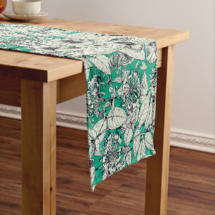 Green Teal White Graphic Flowers Pattern Short Table Runner
