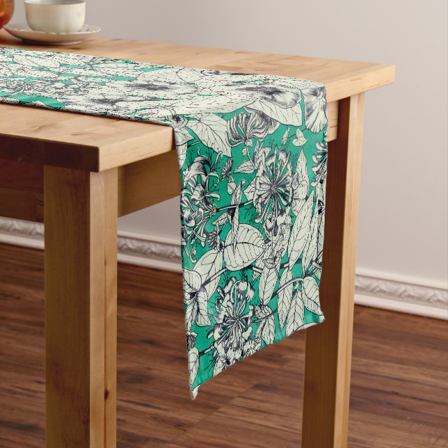 Green Teal White Graphic Flowers Pattern Short Table Runner (In Situ)