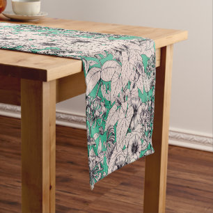 Green Teal White Graphic Flowers Pattern Short Table Runner