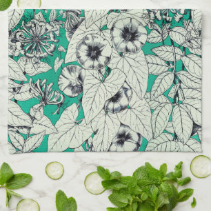 Green Teal White Graphic Flowers Pattern Tea Towel