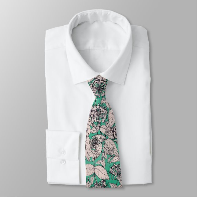 Green Teal White Graphic Flowers Pattern Tie (Tied)