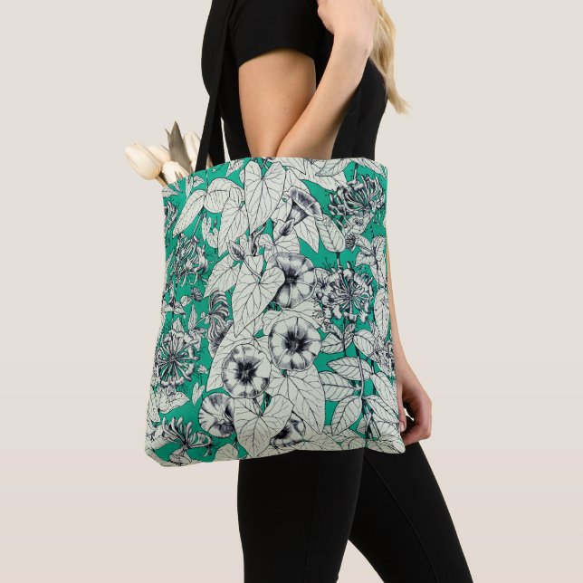 Green Teal White Graphic Flowers Pattern Tote Bag (Close Up)