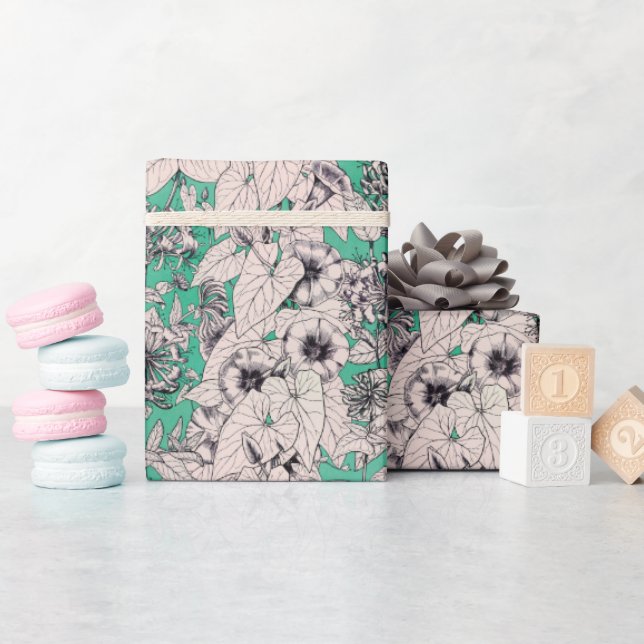 Green Teal White Graphic Flowers Pattern Wrapping Paper (Baby Shower)