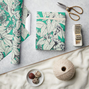 Green Teal White Graphic Flowers Pattern Wrapping Paper