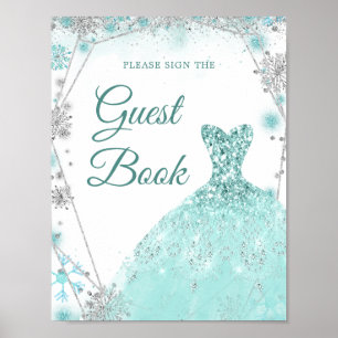 Green Teal Winter Snowflake 15 Años Guest Book