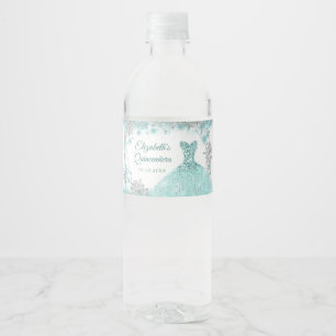 Green teal Winter Snowflake Quinceañera Water Bottle Label