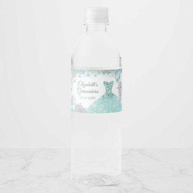 Green teal Winter Snowflake Quinceañera Water Bottle Label (Front)
