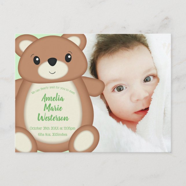 Green Teddy Bear Birth Announcement Postcard (Front)