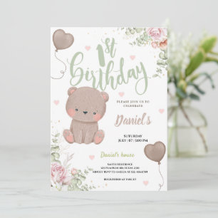 Green Teddy Bear First Birthday Invitation Card