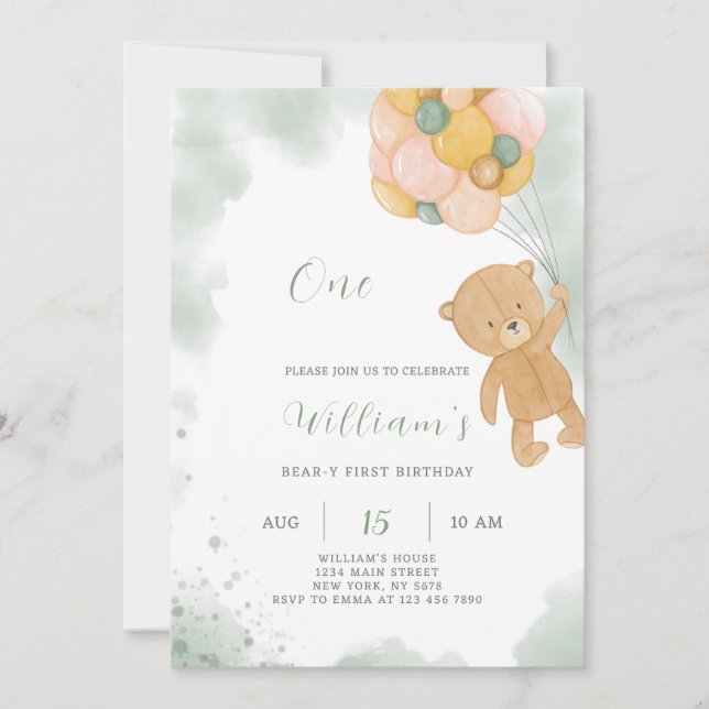 Green Teddy Birthday Invitation (Front)