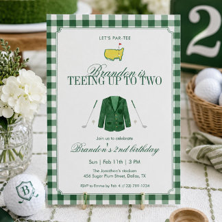 Green Teeing Up To Two Golf 2nd Birthday Gingham Invitation