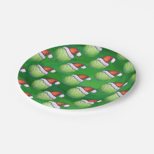 Green Tennis Ball In Santa Hat Pattern Paper Plate