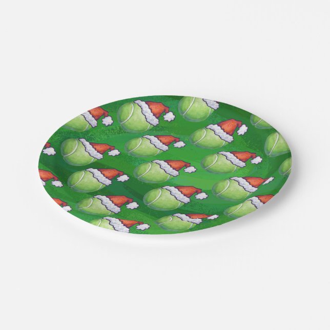 Green Tennis Ball In Santa Hat Pattern Paper Plate (Angled)