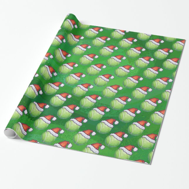 Green Tennis Ball In Santa Hat Pattern Wrapping Paper (Unrolled)