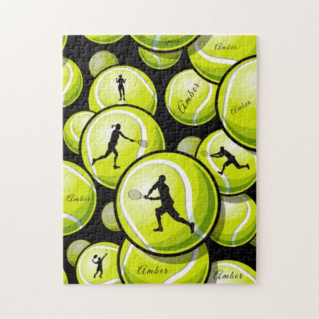 Green Tennis Balls & Players Pattern Add Kids Name Jigsaw Puzzle (Vertical)