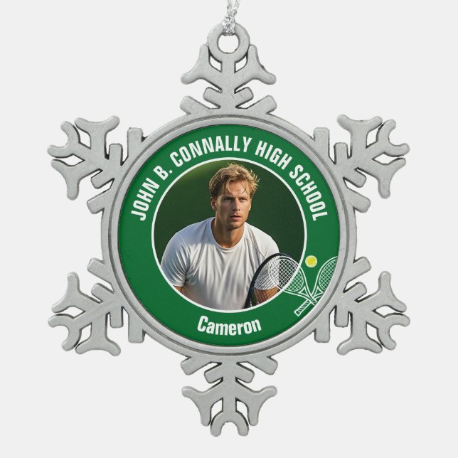 Green Tennis Player Photo High School Spirit Snowflake Pewter Christmas Ornament (Front)