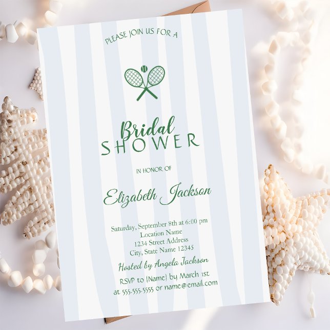 Green Tennis Rackets Blue Striped Bridal Shower  Invitation (Creator Uploaded)