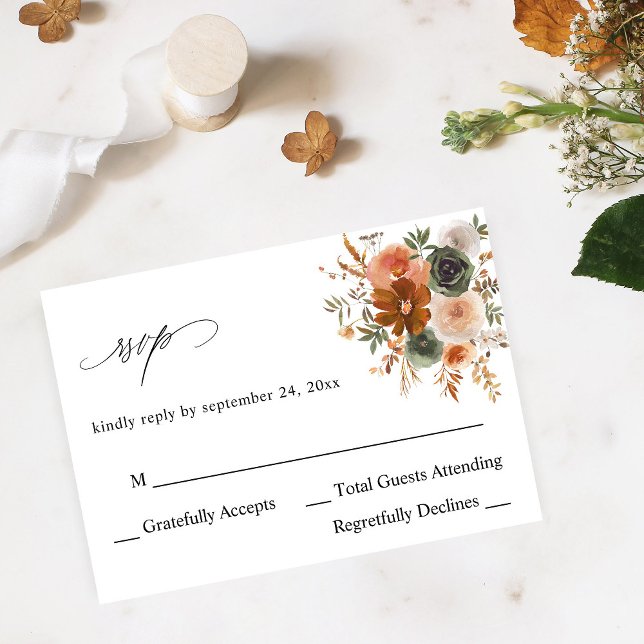 Green & Terra Cotta Floral no Meal RSVP Card (Creator Uploaded)
