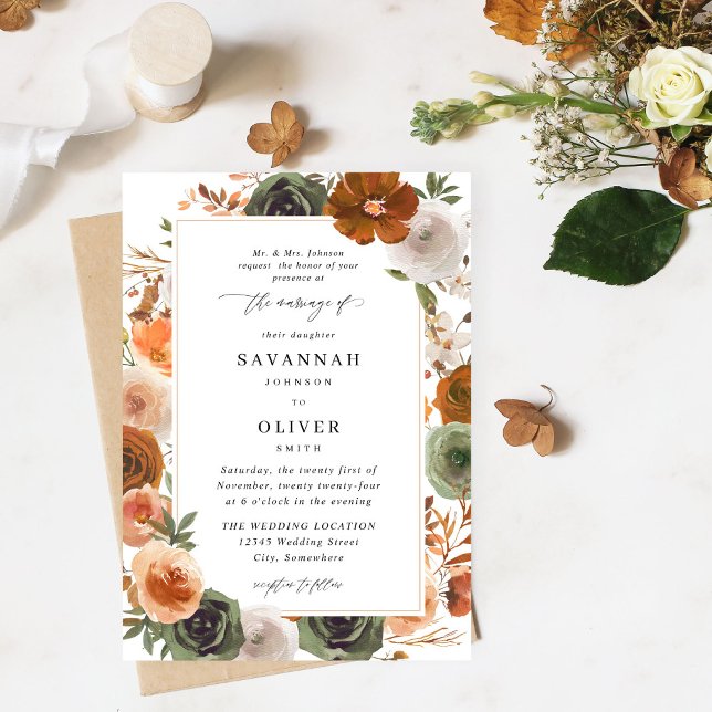Green & Terra Cotta Floral Trad Wedding S2 - White Invitation (Creator Uploaded)