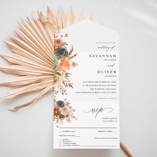 Green & Terra Cotta Floral Wedding All In One Invitation (Creator Uploaded)