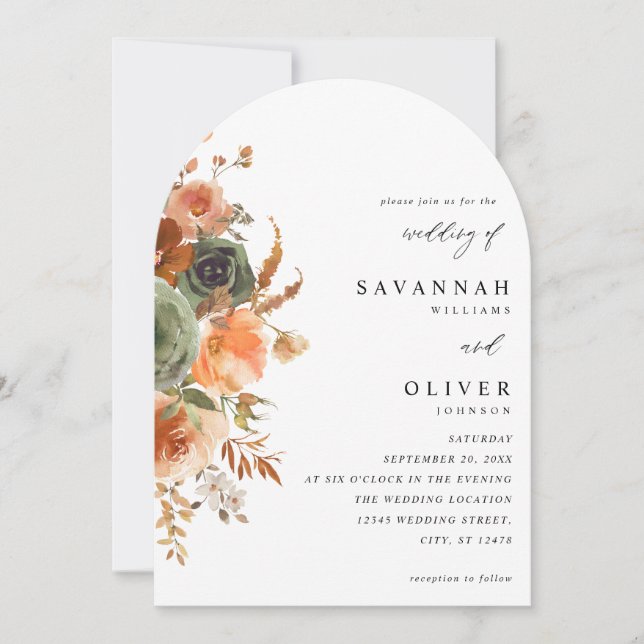 Green & Terra Cotta Floral Wedding Arch Invitation (Front)