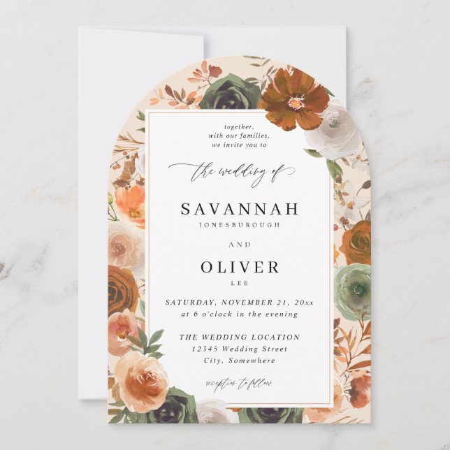 Green & Terra Cotta Floral Wedding S2 VLN- Arch Be Invitation (Front)
