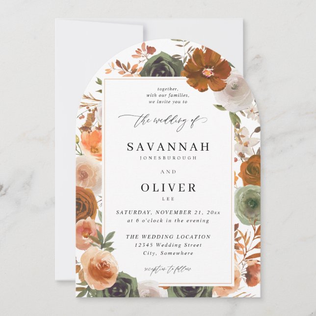 Green & Terra Cotta Floral Wedding S2 VLN- Arch W Invitation (Front)