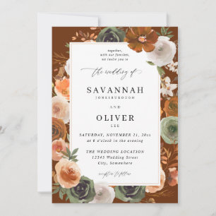 Green & Terra Cotta Floral Wedding S2 VLN - Tan Invitation