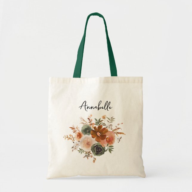 Green & Terra Cotta Floral Wedding Tote Bag (Front)