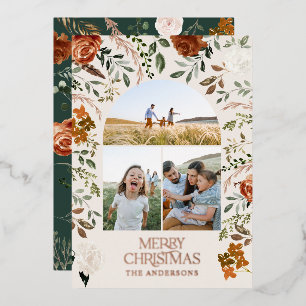 Green terracotta 3 photo botanical elegant arch foil holiday card
