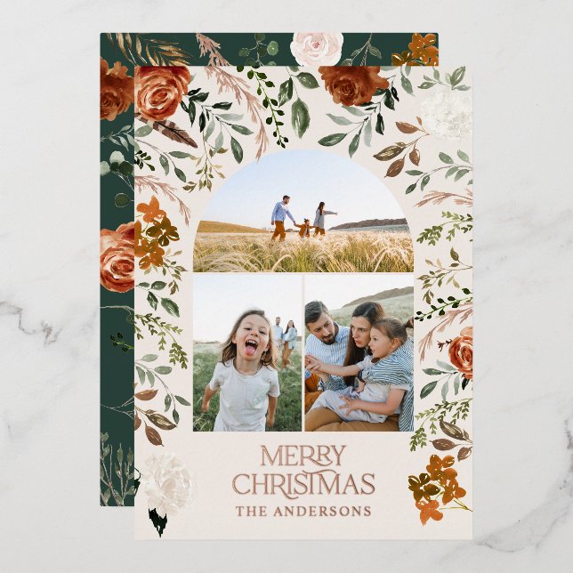 Green terracotta 3 photo botanical elegant arch foil holiday card (Front/Back)