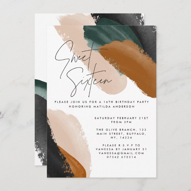 Green terracotta abstract watercolor 16th Birthday Invitation (Front/Back)