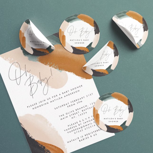 Green terracotta abstract watercolor baby shower classic round sticker (Creator Uploaded)