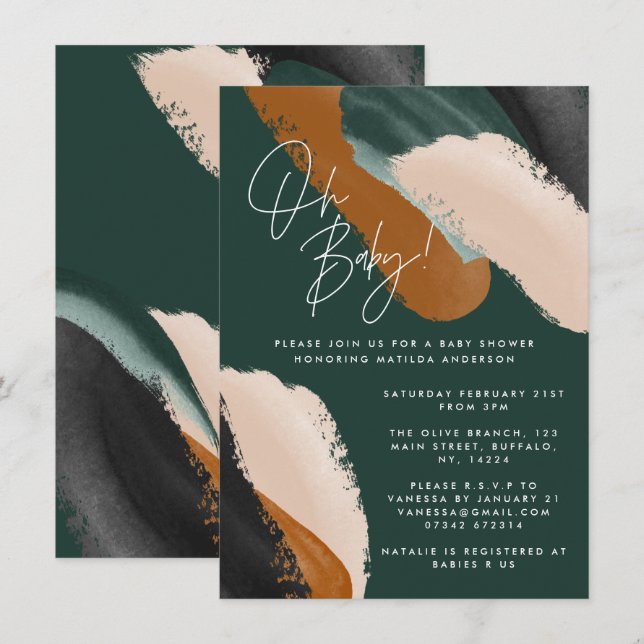 Green terracotta abstract watercolor baby shower invitation (Front/Back)