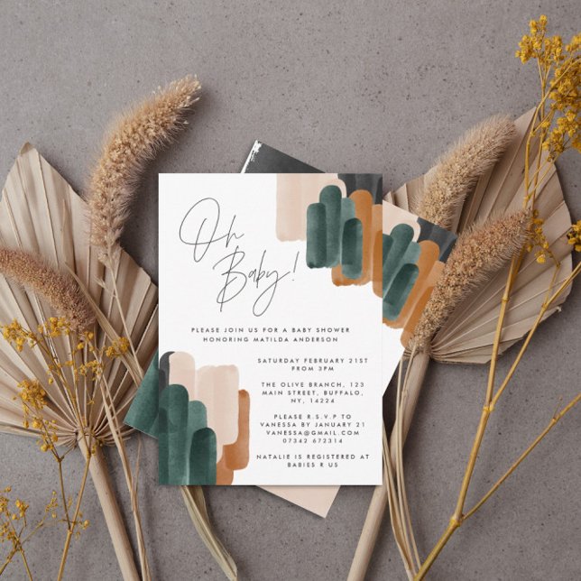 Green terracotta abstract watercolor baby shower invitation (Creator Uploaded)