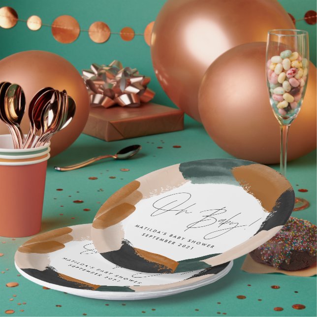 Green terracotta abstract watercolor baby shower paper plate (Multi)