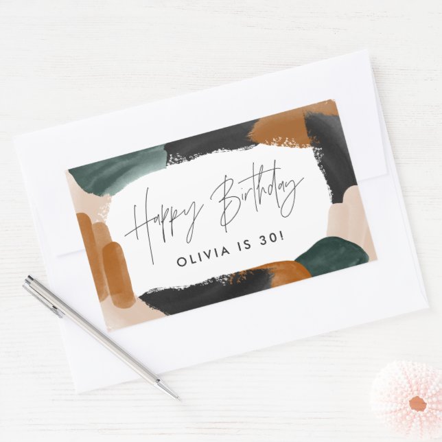 Green terracotta abstract watercolor birthday chic rectangular sticker (Envelope)