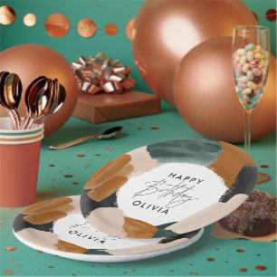 Green terracotta abstract watercolor birthday paper plate