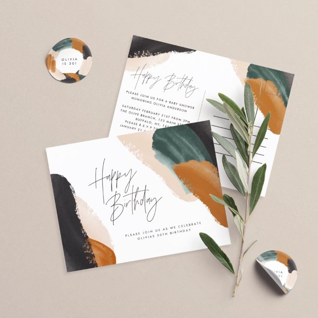Green terracotta abstract watercolor birthday postcard (Creator Uploaded)