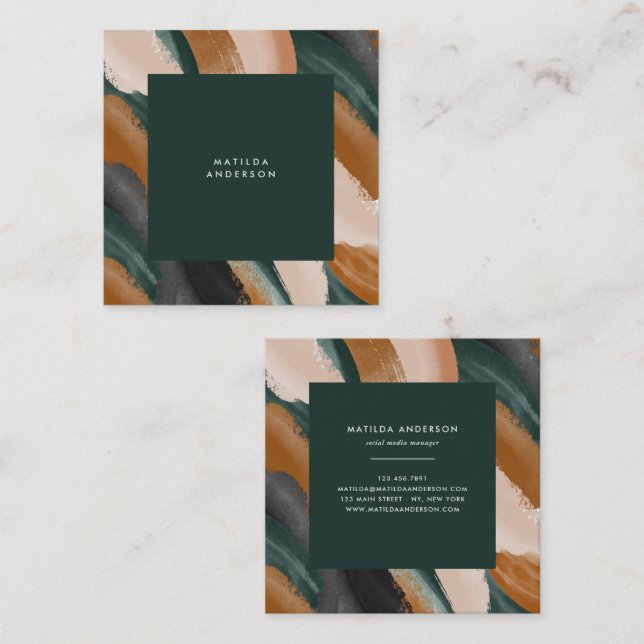 Green terracotta abstract watercolor modern unique square business card (Front/Back)
