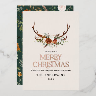 Green terracotta botanical elegant stag floral foil holiday card