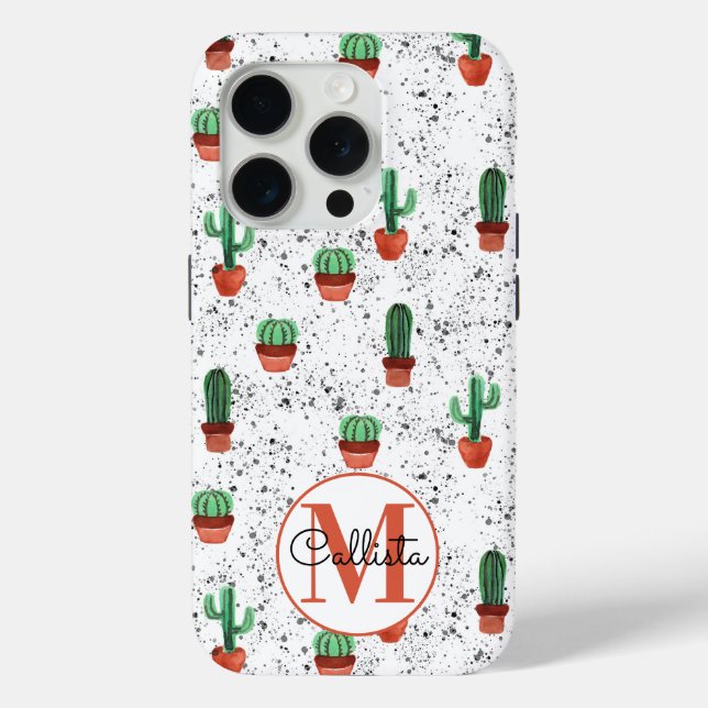 Green Terracotta Cactus Pots Splatter Monogram Case-Mate iPhone Case (Back)