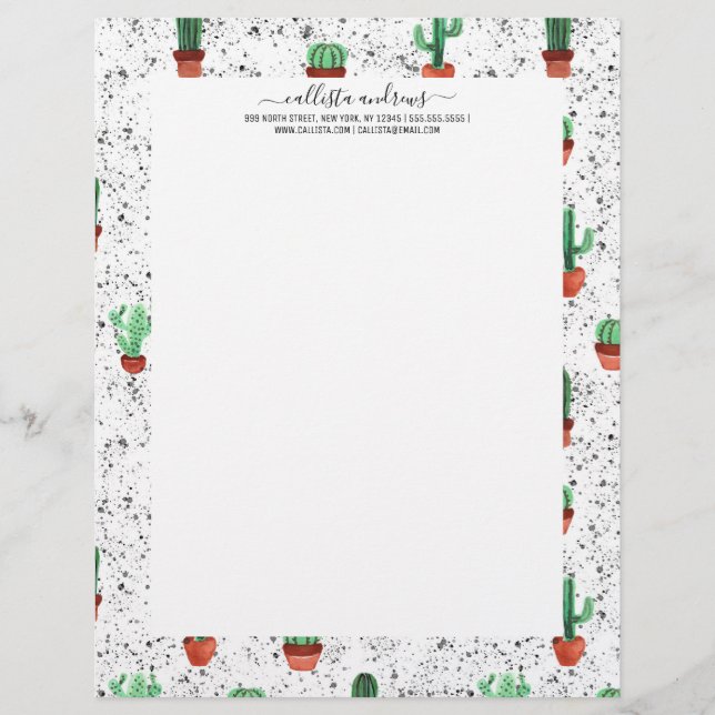 Green Terracotta Cactus Pots Splatter Pattern Custom Letterhead (Front)