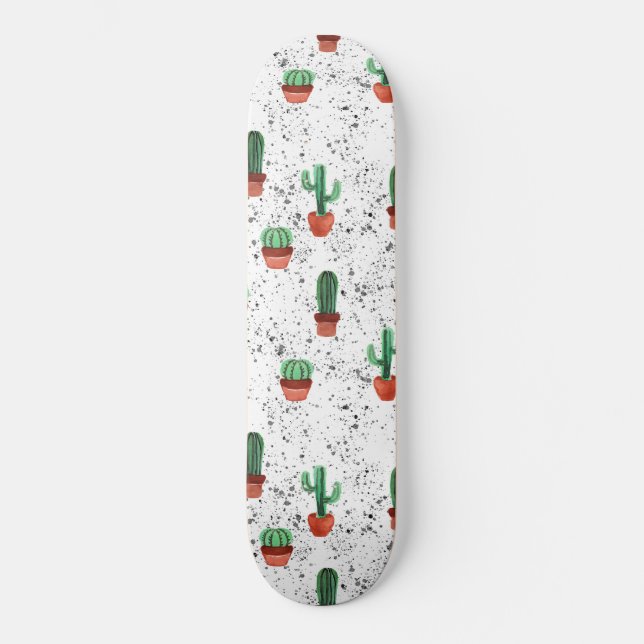 Green Terracotta Cactus Pots Splatter Pattern Skateboard (Front)