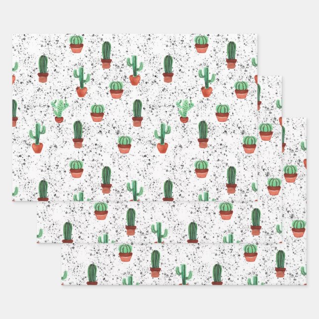 Green Terracotta Cactus Pots Splatter Pattern Wrapping Paper Sheet (Set)